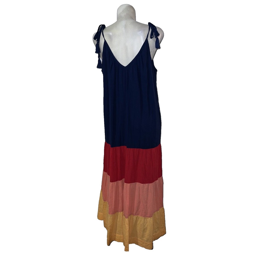 Old Navy Womens Large Colorblock Tiered Maxi Dress Navy Red Yellow Boho Tassels - Picture 5 of 6